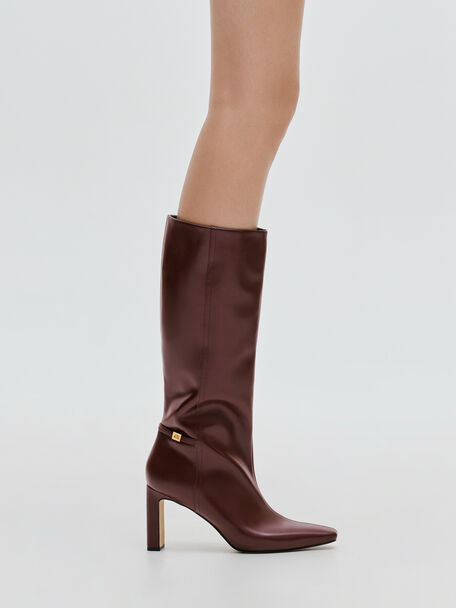 Botas Georgina por la rodilla en piel con puntera c&oacute;nica cuadrada, Burdeos, hi-res