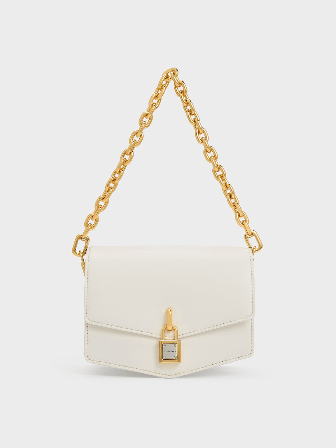 Lock-Motif Geometric Crossbody Bag, White, hi-res