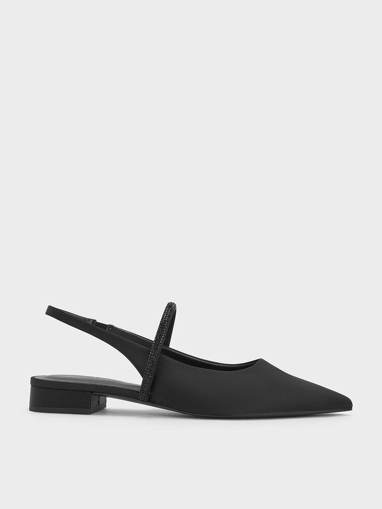 Black Textured Satin Crystal-Strap Pointed-Toe Slingback Flats ...