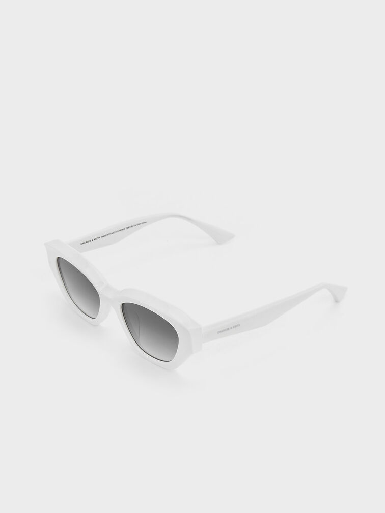 Recycled Acetate Geometric-Frame Cateye Sunglasses, White, hi-res