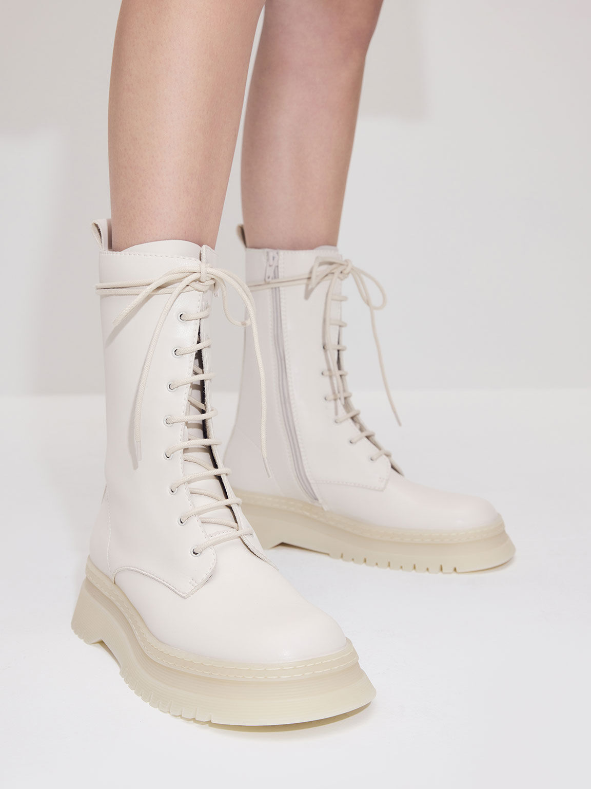 Chunky Platform Lace-Up Boots, Chalk, hi-res