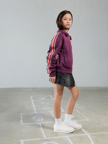 Girls' Faux Suede Low-Top Sneakers, White, hi-res