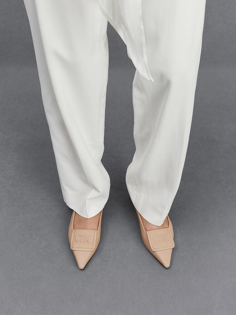 Leather Pointed-Toe Flats, Nude, hi-res