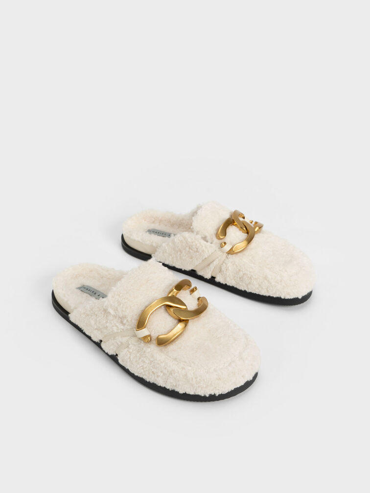 Metallic Accent Furry Loafer Mules, Chalk, hi-res