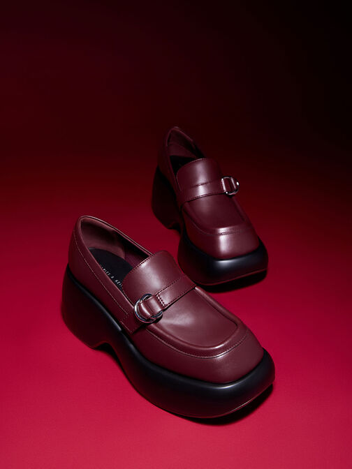 Buckled Platform Penny Loafers, Burgundy, hi-res