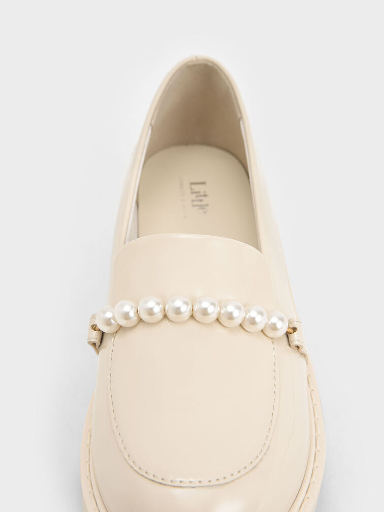 Girls' Patent Pearl-Embellished Loafers, Cream, hi-res