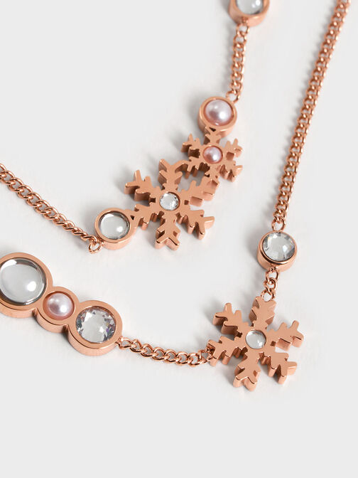 Snowflake-Motif Pearl & Crystal Double Bracelet, Rose Gold, hi-res