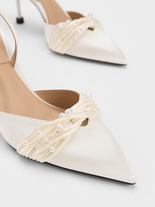 Leda Beaded Satin Ankle-Strap Pumps, White, hi-res