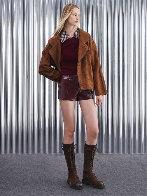Darian Faux Suede Lace-Up Buckle-Strap Knee-High Boots, Dark Brown Textured, hi-res