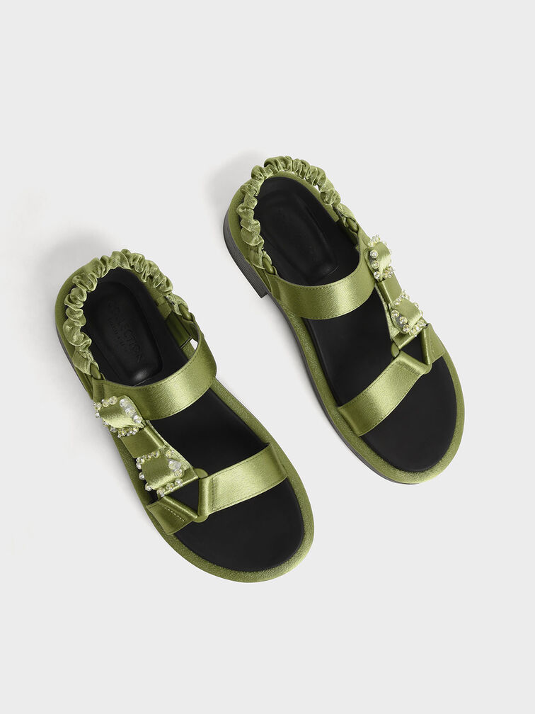 Miko Gem-Embellished Satin Sandals, Green, hi-res