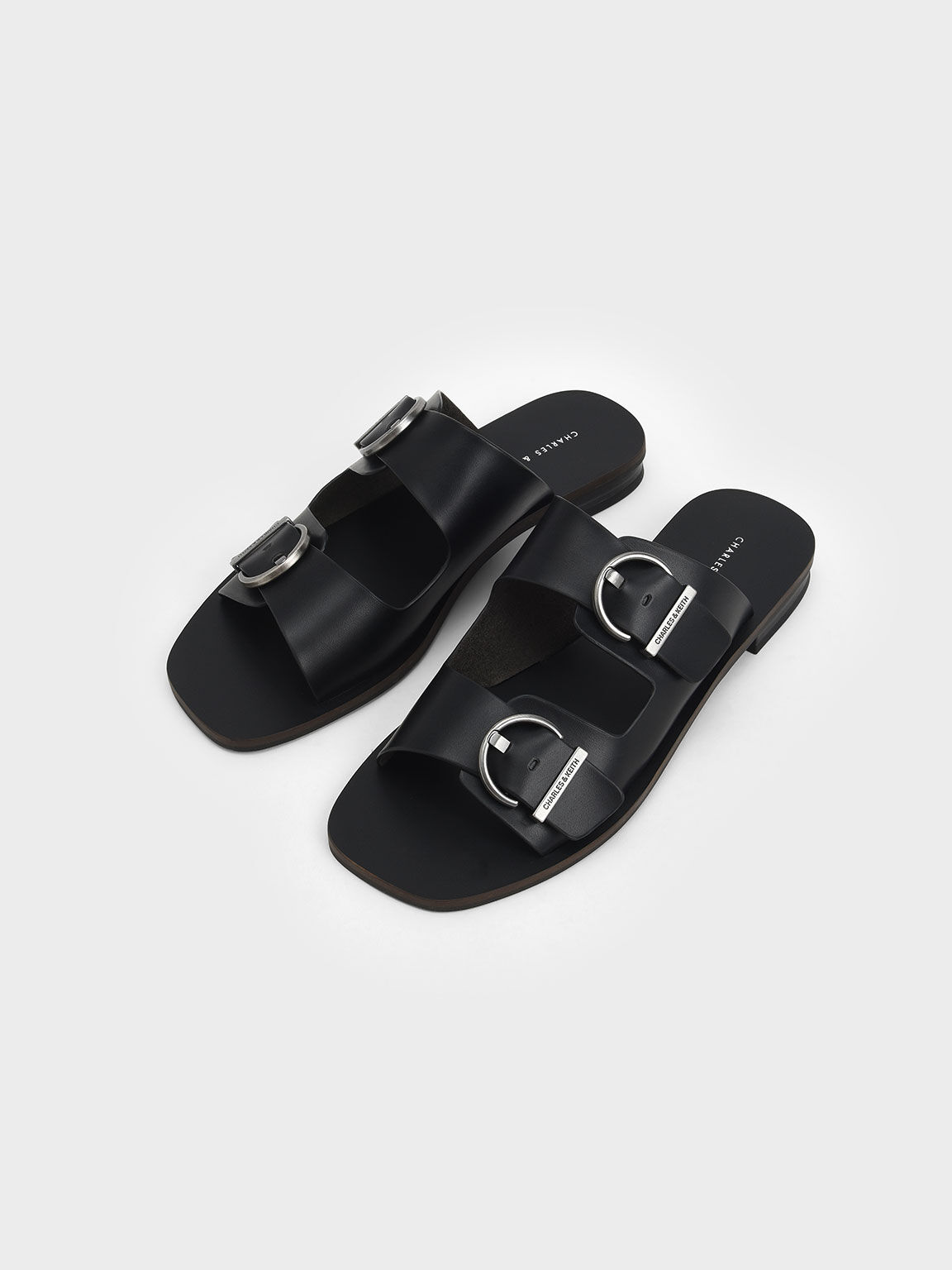 Double Buckle Strap Slide Sandals, Black, hi-res