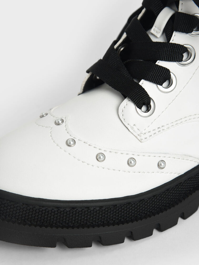 Girls' Studded Lace-Up Ankle Boots, White, hi-res