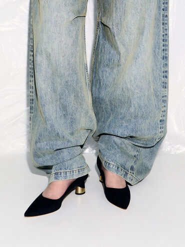 Zapatos de tacón texturizados con tacón escultural metalizado, Negro texturizado, hi-res