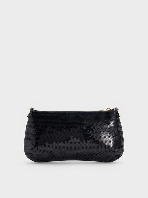 Sequin Mesh & Leather Shoulder Bag, Black, hi-res