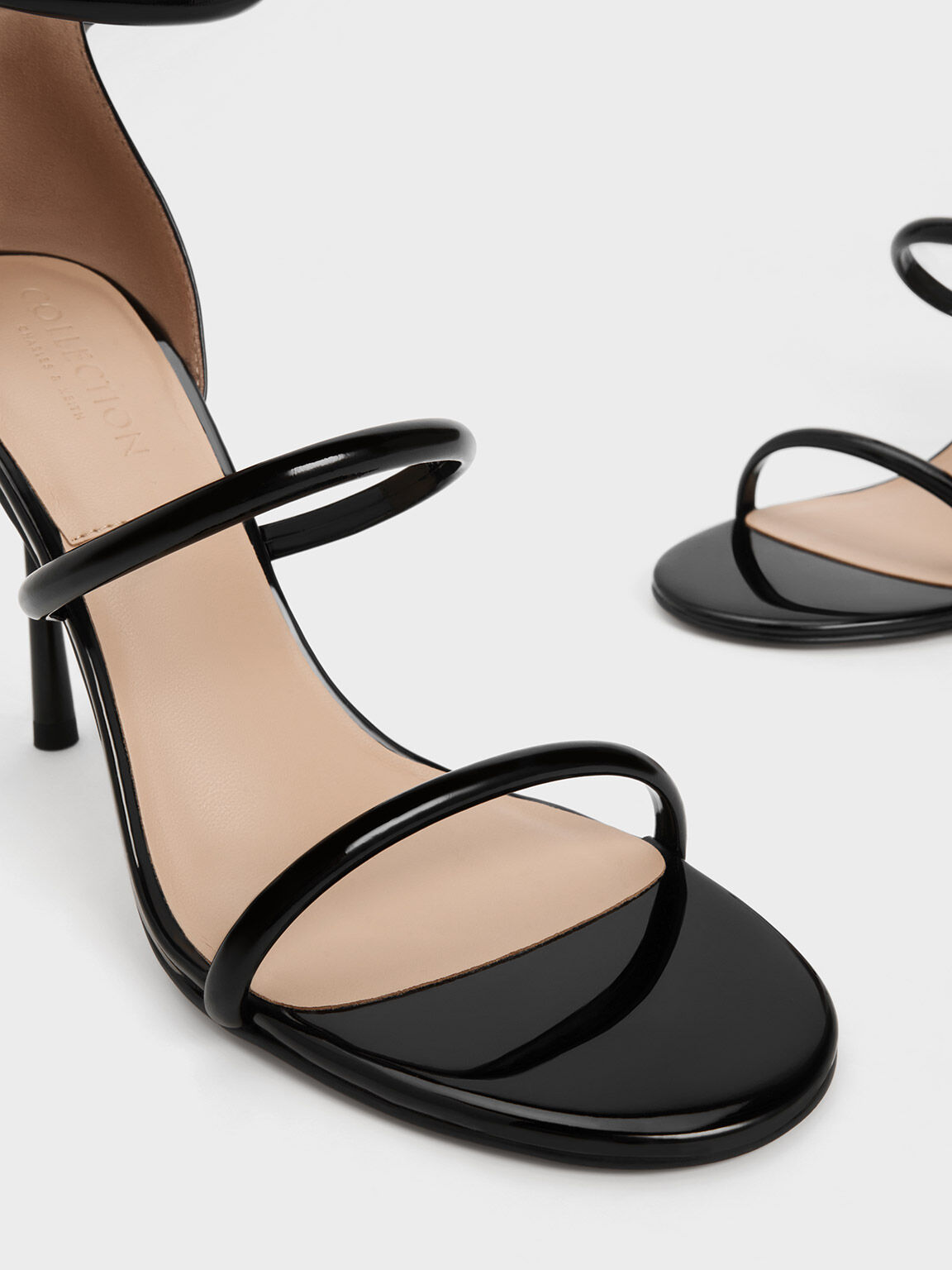 Black Patent Patent Leather Triple Strap Heeled Sandals CHARLES KEITH KH