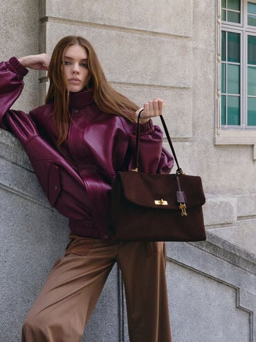 Kerry Recycled Suede Top Handle Satchel Bag, Espresso Brown, hi-res