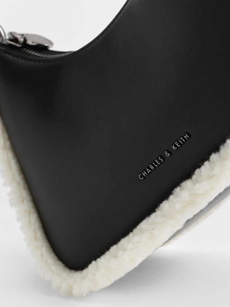 Lotso Fur-Trim Shoulder Bag, Black, hi-res
