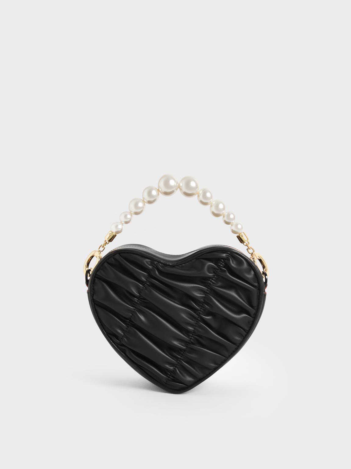 Bead Handle Heart Evening Bag, Black, hi-res