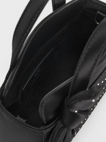 Satin Studded Knot-Bow Mini Bag, Noir Studded Satin, hi-res