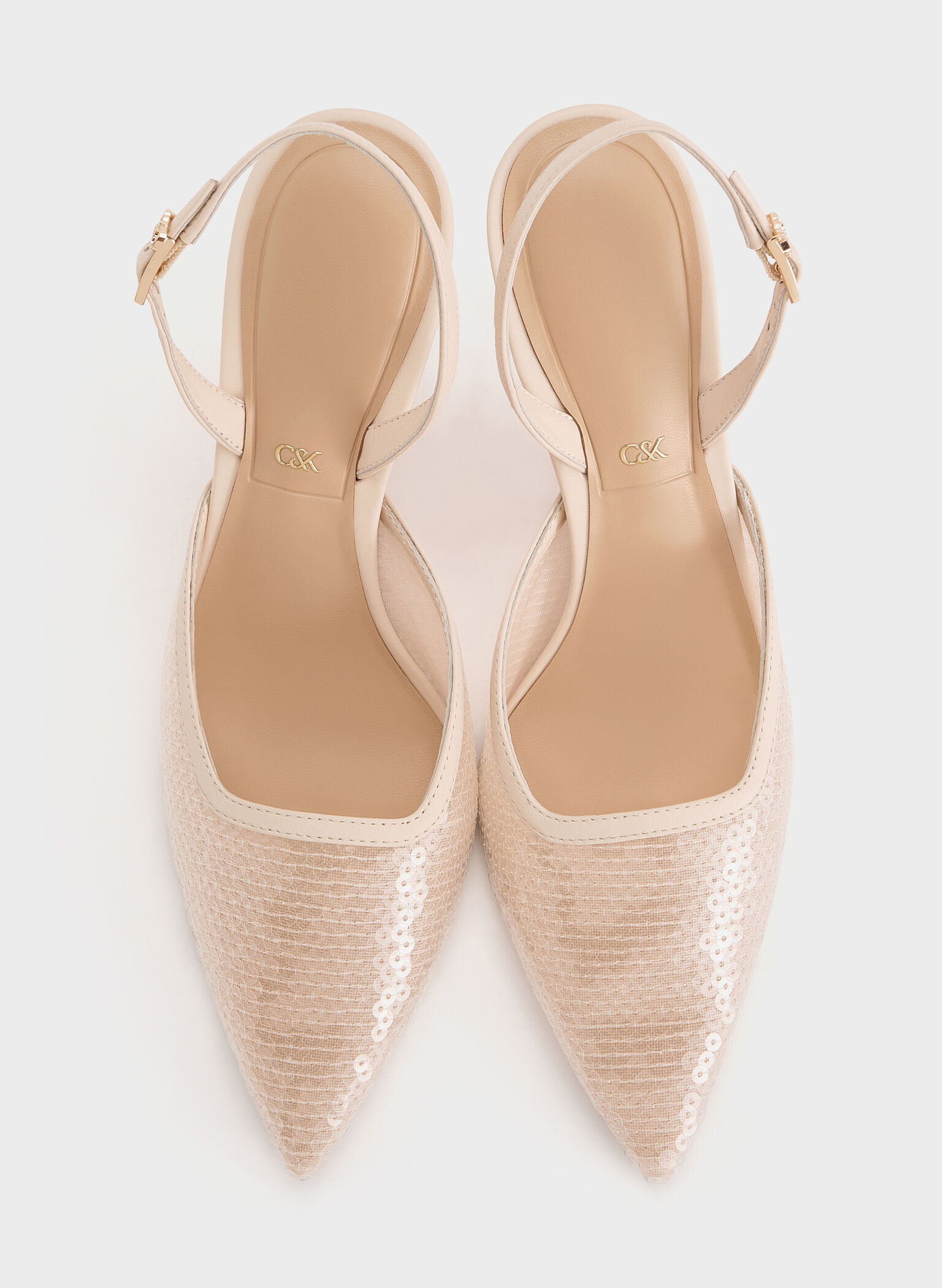 Sequin Mesh & Leather Pointed-Toe Slingback Pumps, Nude, hi-res