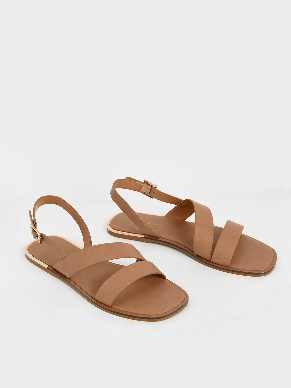 Asymmetric Strap Slingback Flats, Caramel, hi-res