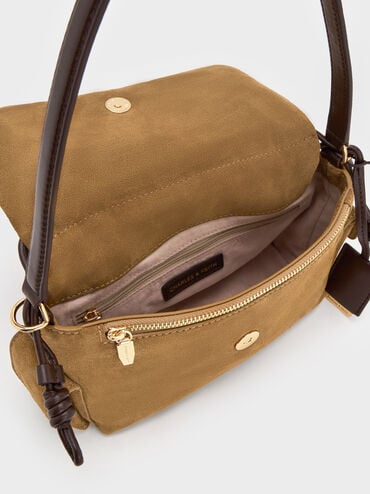 Khai Recycled Suede Ruched-Flap Side-Pocket Top Handle Bag, Sahara Sand, hi-res