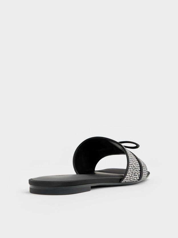Satin Crystal Bow Slide Sandals, Black Textured, hi-res