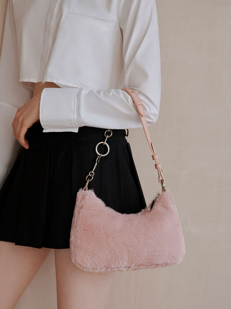 Lane Furry Lock & Key Chain Handle Bag, Pink, hi-res