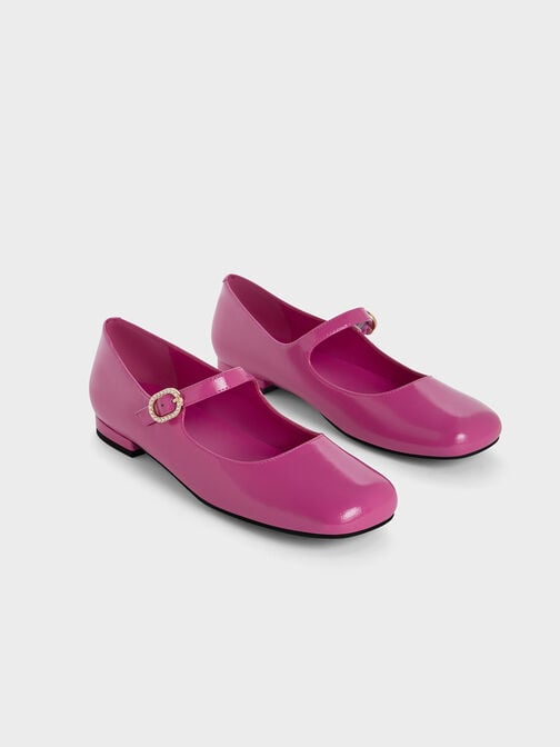 Patent Crinkle-Effect Pearl-Buckle Mary Janes, Fuchsia, hi-res