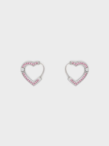 Pendientes de aro Malorie de cristal tipo corazón, Plateado, hi-res