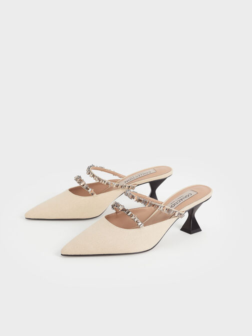 Canvas Double Gem Strap Mules, Beige, hi-res