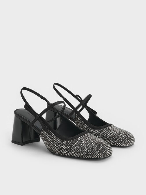 Merceditas de tacón slingback de satén con adornos de cristal, Negro texturizado, hi-res