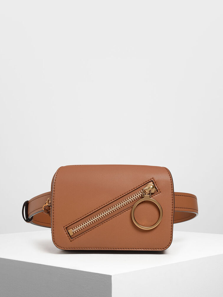 Ring Zip Pocket Two-Way Belt Bag, Tan, hi-res