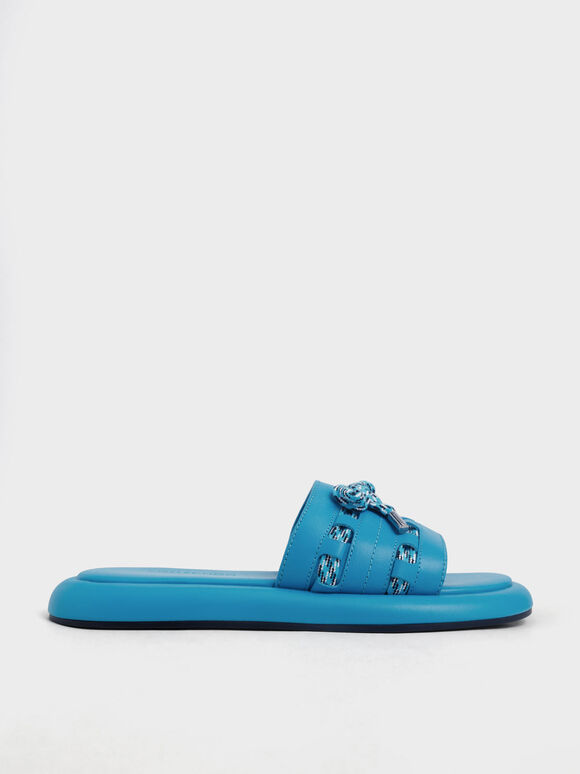 Printed Bow-Tie Leather Slide Sandals, Blue, hi-res