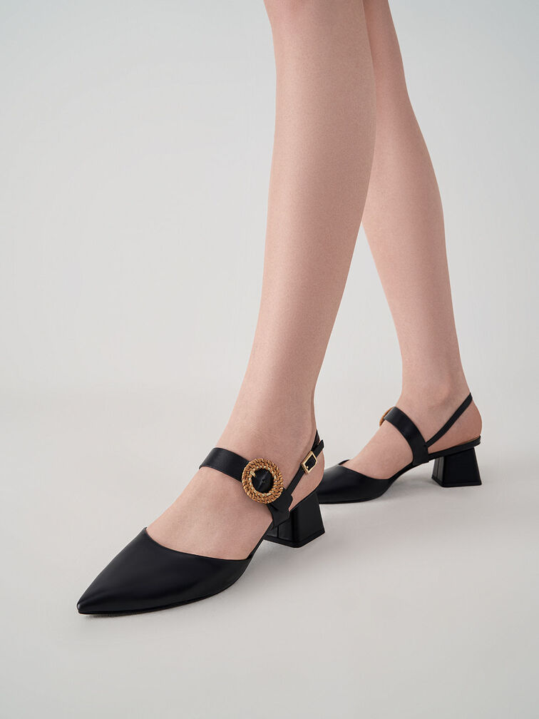 Woven Buckle Slingback Heeled Pumps, Black, hi-res