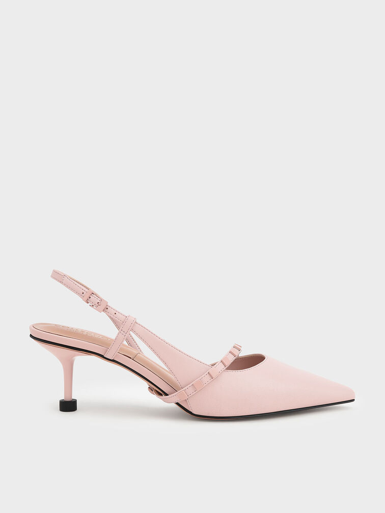 Leather Embellished Slingback Pumps, Pink, hi-res