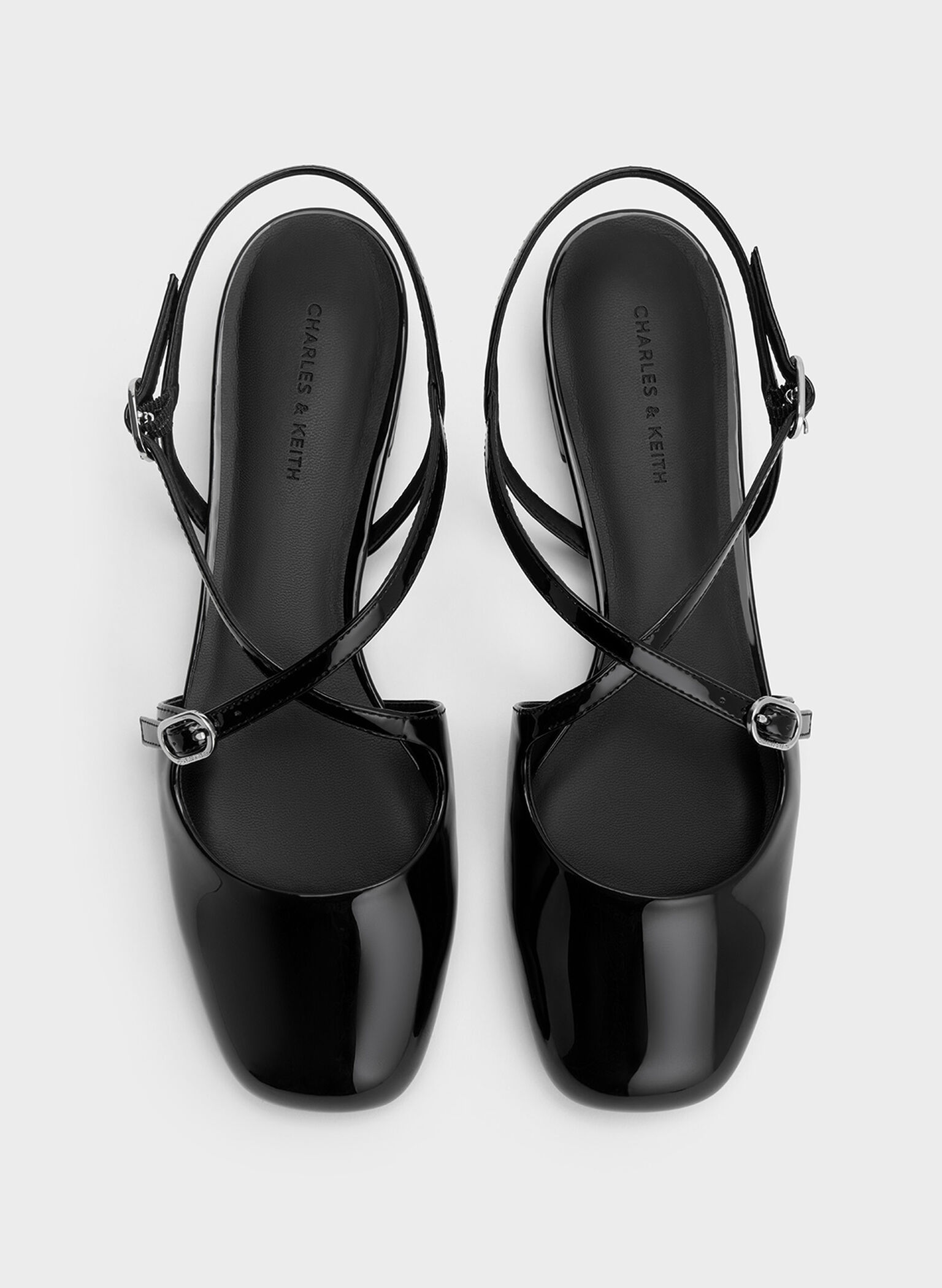 Patent Crossover Buckled Slingback Flats, Black Patent, hi-res