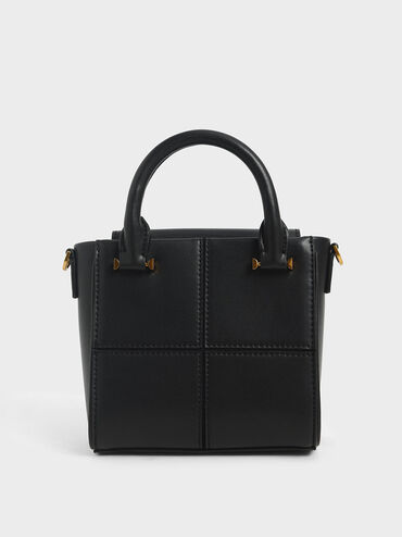 Textured Panelled Top Handle Bag, Black, hi-res