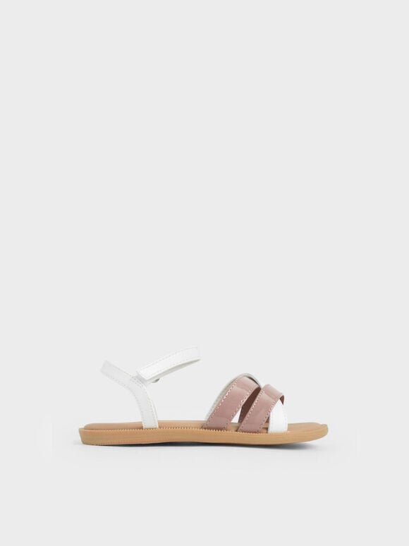 Girls' Patent Strappy Sandals, White, hi-res
