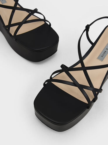 Ankle Strap Platform Wedges, Black, hi-res