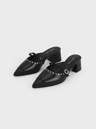 Studded Pointed-Toe Block Heel Mules, Black, hi-res