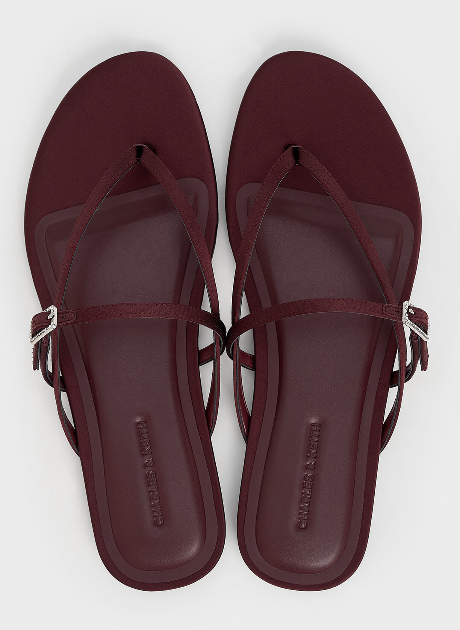 Recycled Polyester Crystal-Buckle Strappy Thong Sandals, Burgundy, hi-res