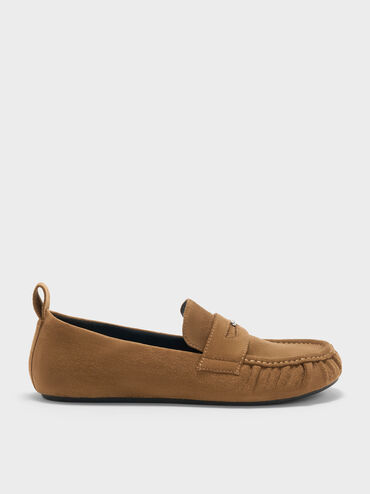 Faux Suede Ruched Penny Loafers, Cognac, hi-res