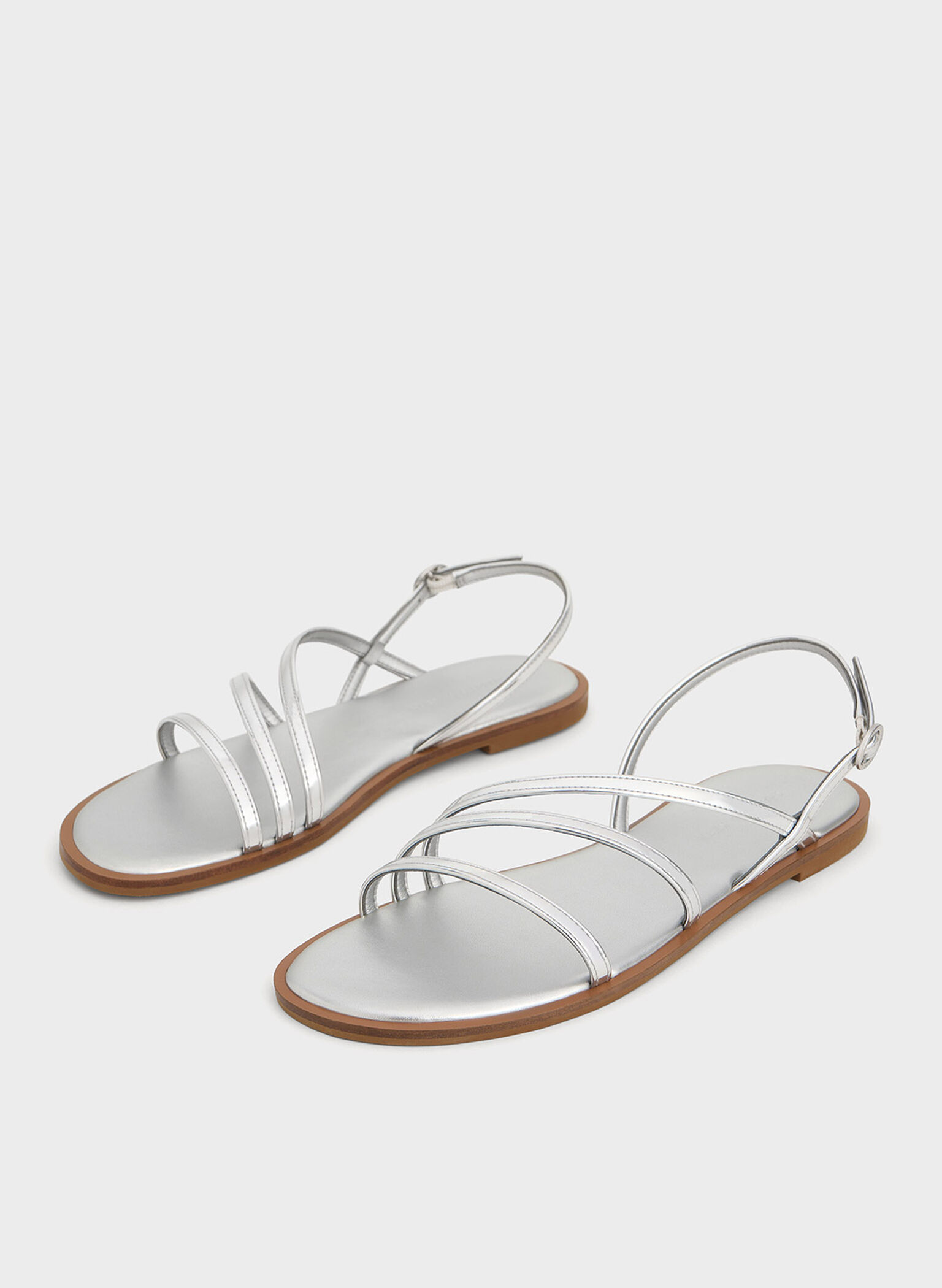Silver Metallic Asymmetric Triple-Strap Sandals - CHARLES & KEITH SG