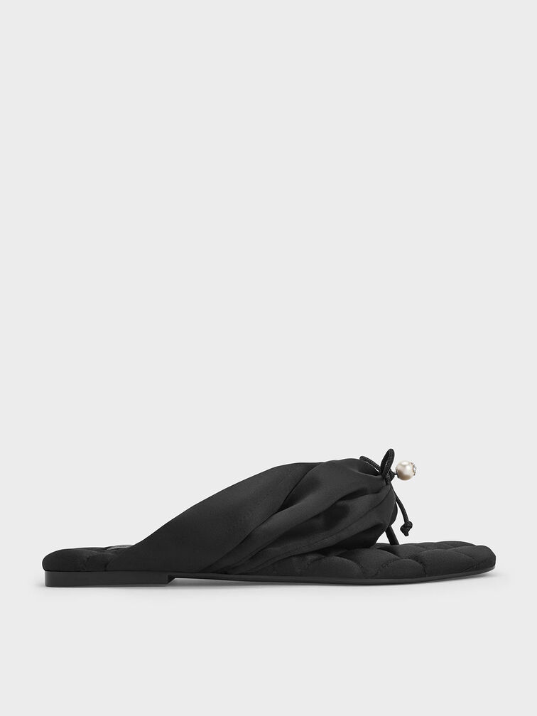 Satin Pearl-Accent Square-Toe Sandals, Black Textured, hi-res