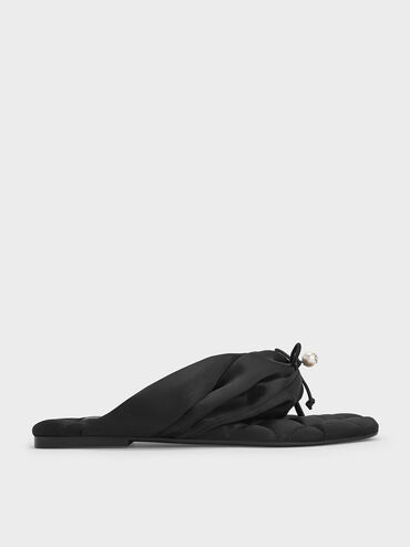 Satin Pearl-Accent Square-Toe Sandals, Black Textured, hi-res