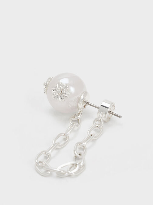 Flower-Embellished Pearl Drop Earrings, Silver, hi-res