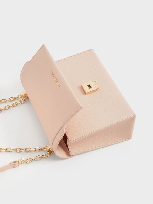 Front Flap Chain Handle Crossbody Bag, Light Pink, hi-res