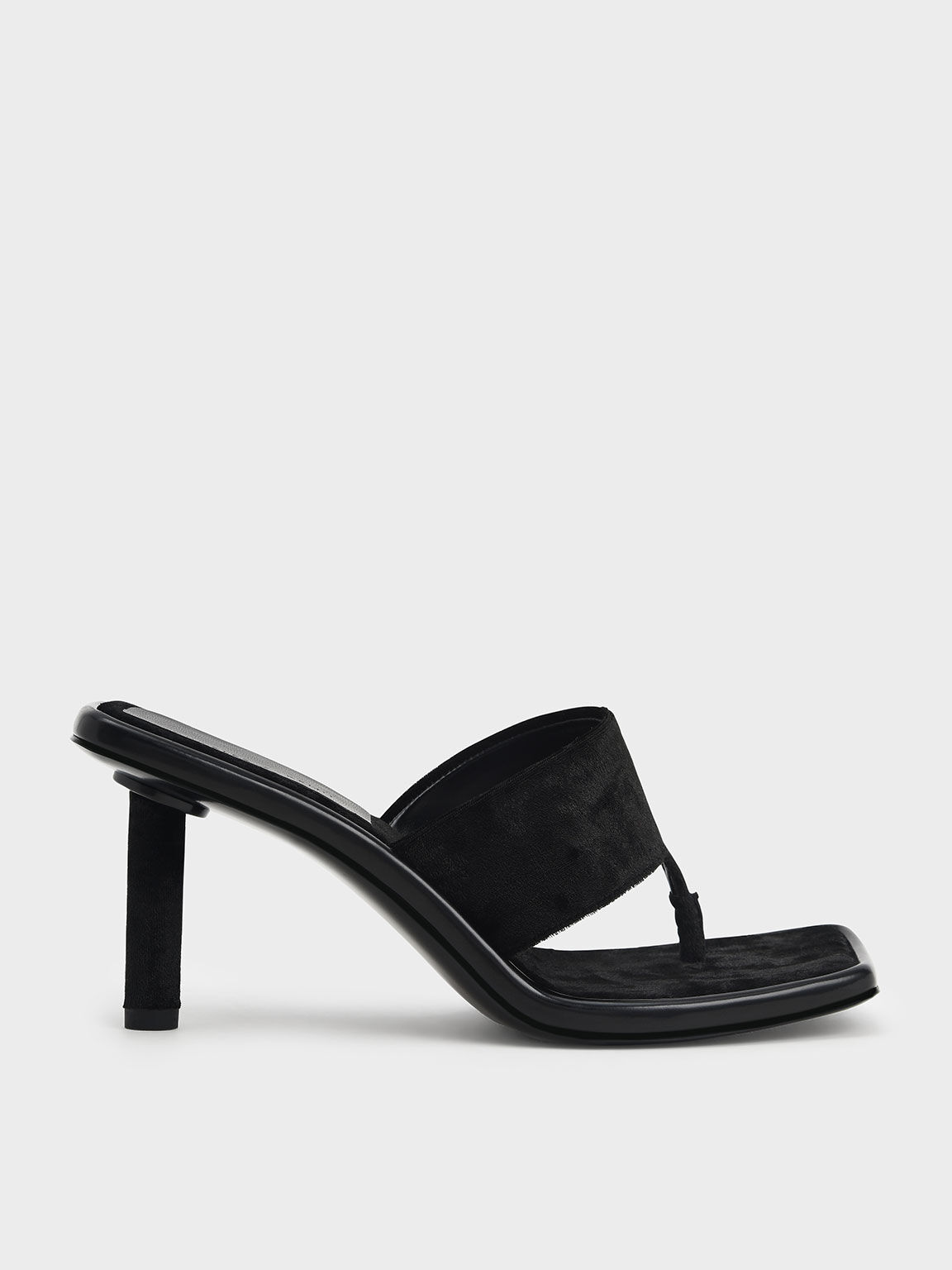 Holiday 2021 Collection: Etta Velvet Heeled Thong Sandals​, Black, hi-res