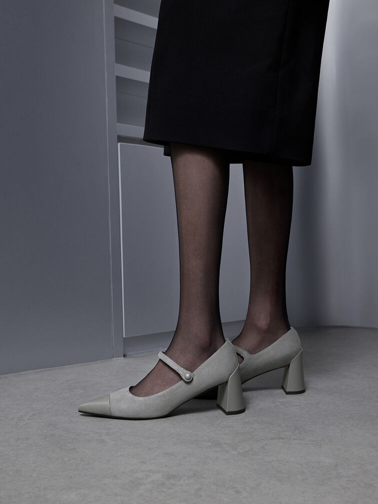 Faux Suede Cap-Toe Pointed Mary Jane Pumps, Grey, hi-res
